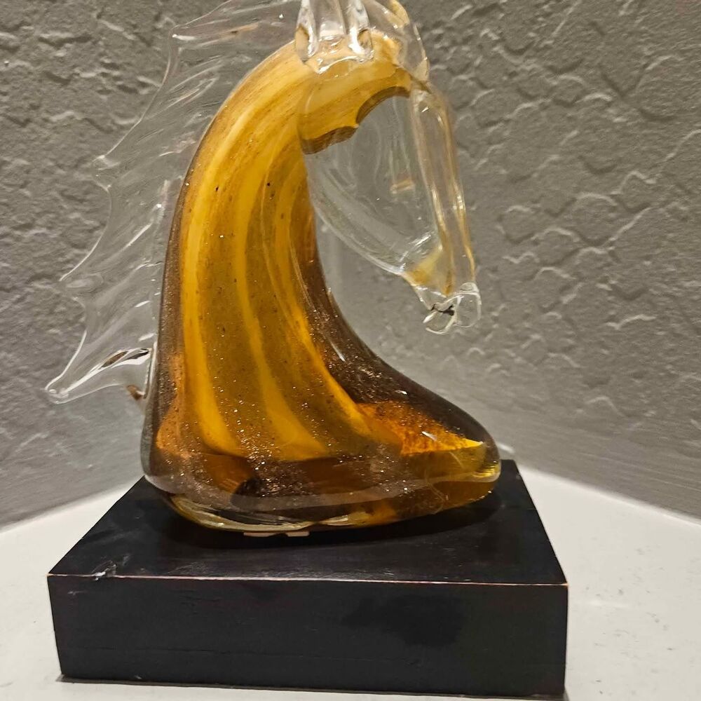 Art Glass Horse 8" on base Yellow and Clear Glass Murano Style